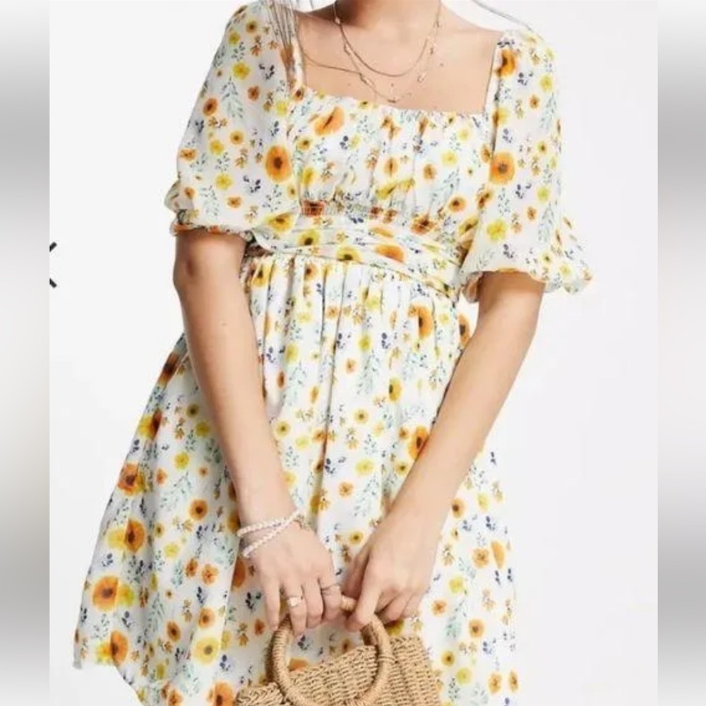ASOS DESIGN Belted Mini Off Shoulder Dress in White and Yellow Botanical Floral